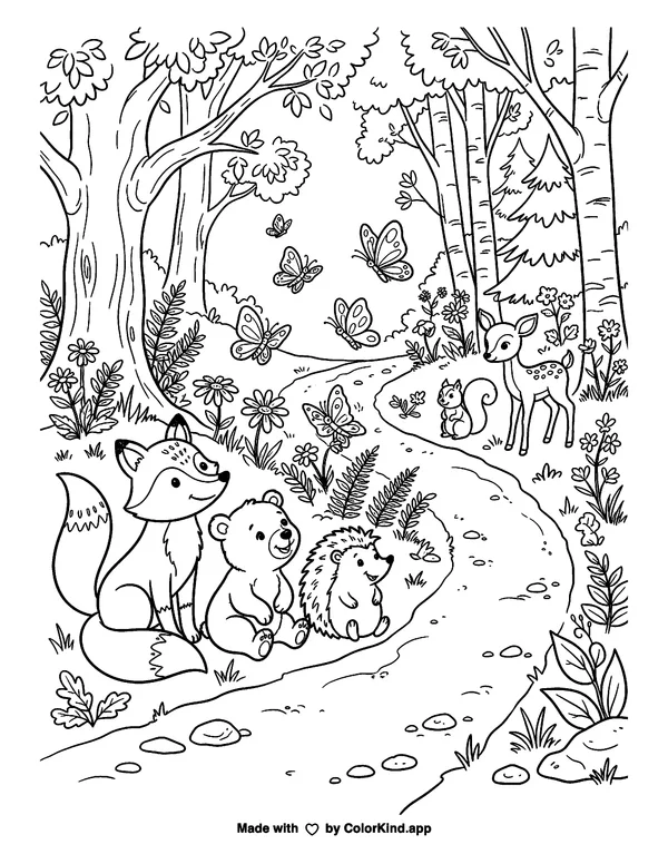 Woodland animals on a forest path as clean black-and-white printable line art made by ColorKind