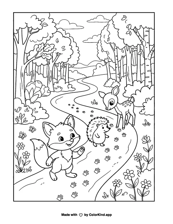 Fox, Hedgehog, and Deer on a Forest Path as clean black-and-white printable line art made by ColorKind