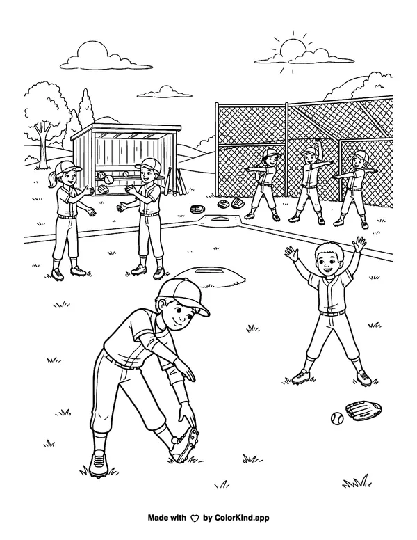 A community baseball team warming up, scene 5 as clean black-and-white printable line art made by ColorKind