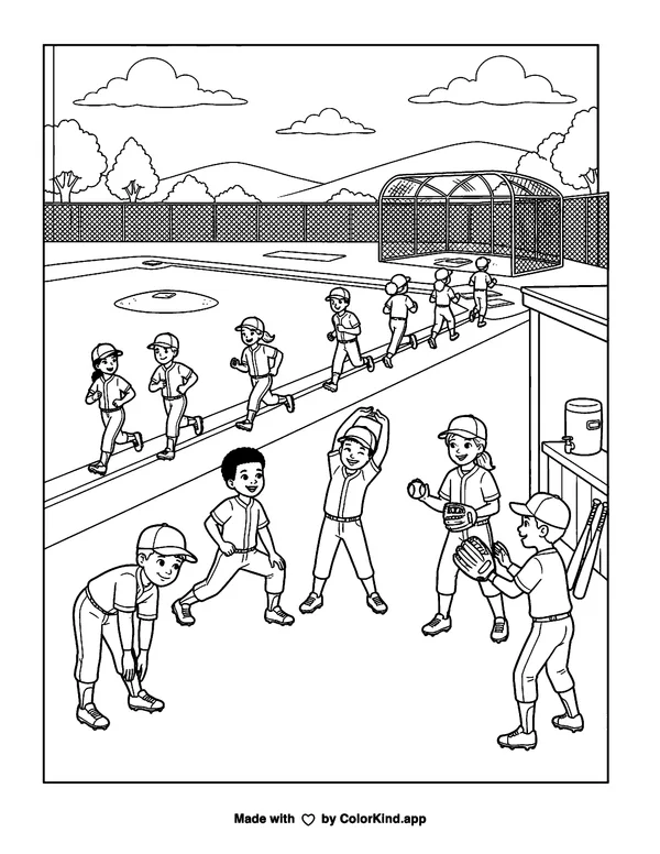 A community baseball team warming up, scene 6 as clean black-and-white printable line art made by ColorKind