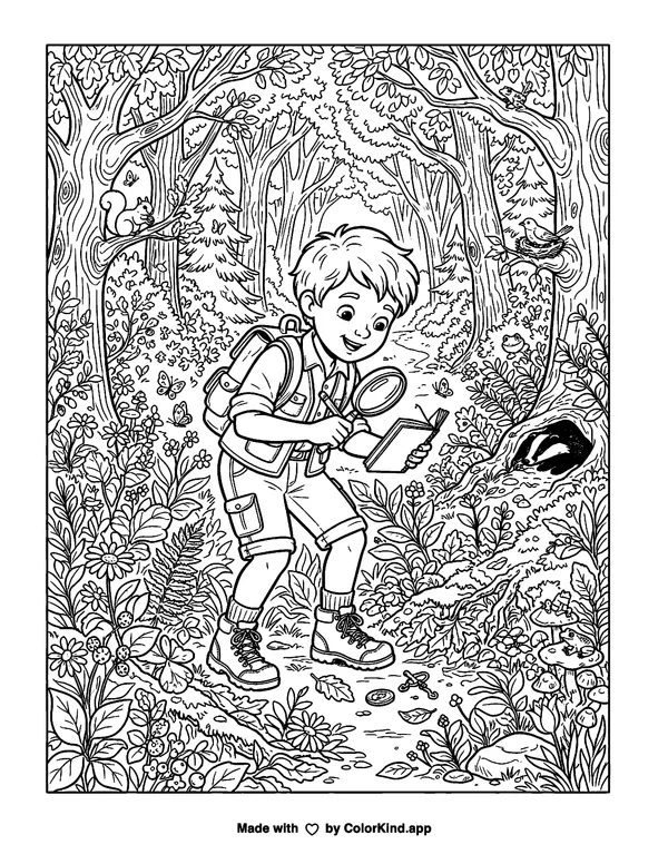 Child exploring in the forest as clean black-and-white printable line art made by ColorKind