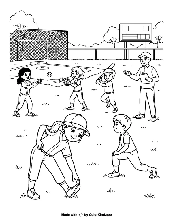 A community baseball team warming up, scene 8 as clean black-and-white printable line art made by ColorKind