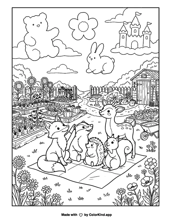 Animals Having a Picnic in the Garden as clean black-and-white printable line art made by ColorKind