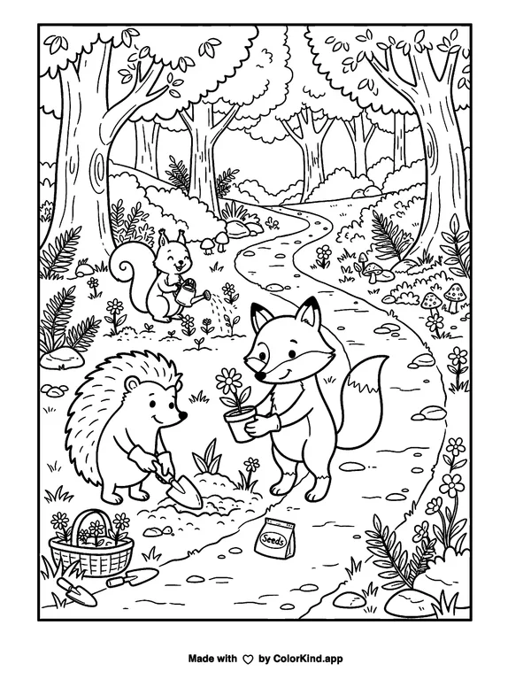 Animals Gardening in the Forest as clean black-and-white printable line art made by ColorKind