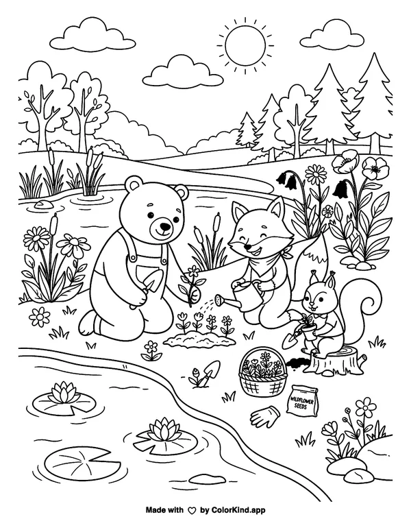 A family hiking along a nature trail, scene 2 as clean black-and-white printable line art made by ColorKind