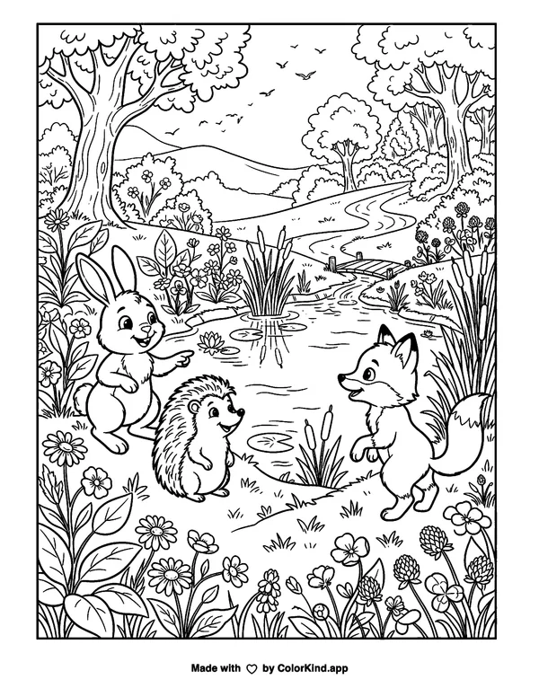 A family hiking along a nature trail, scene 3 as clean black-and-white printable line art made by ColorKind