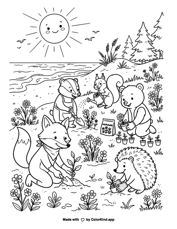 Animals Gardening Together as clean black-and-white printable line art made by ColorKind