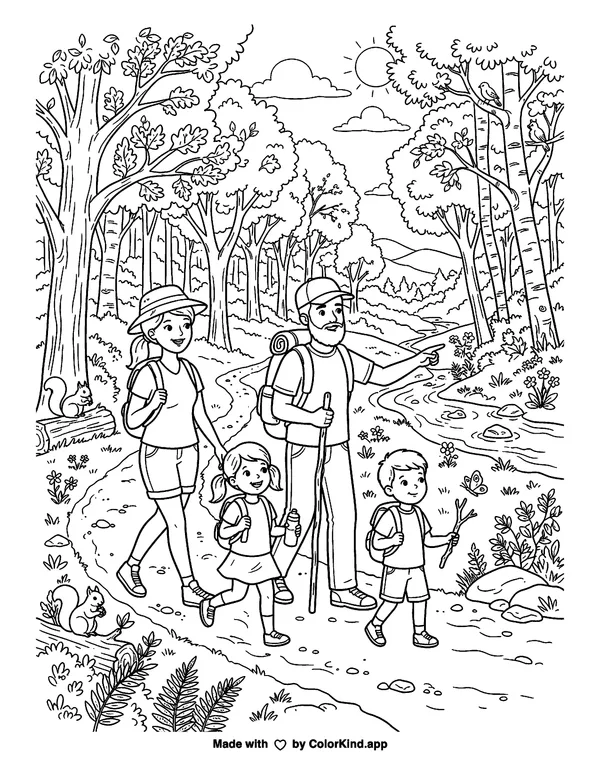 A family hiking along a nature trail, scene 5 as clean black-and-white printable line art made by ColorKind
