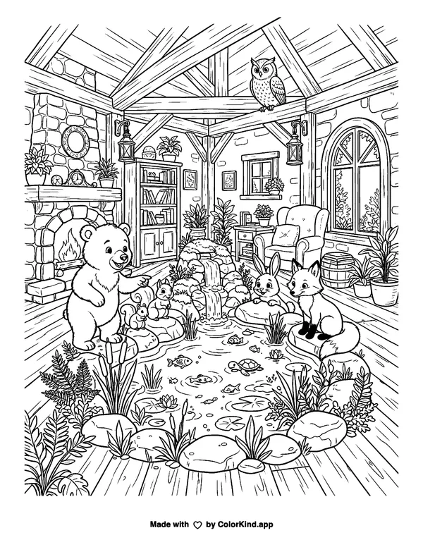 Woodland animals by an indoor pond as clean black-and-white printable line art made by ColorKind