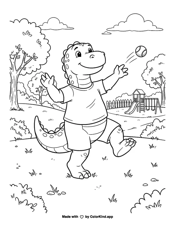 Dinosaur playing with a ball as clean black-and-white printable line art made by ColorKind