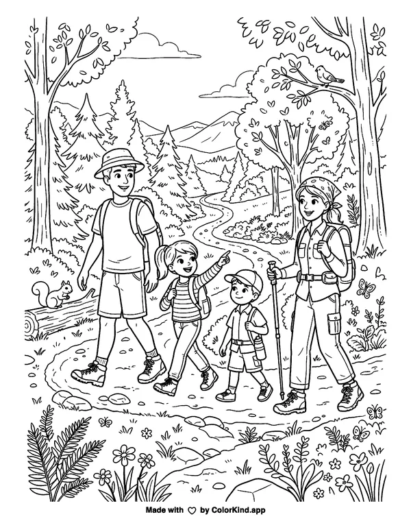 A family hiking along a nature trail, scene 8 as clean black-and-white printable line art made by ColorKind