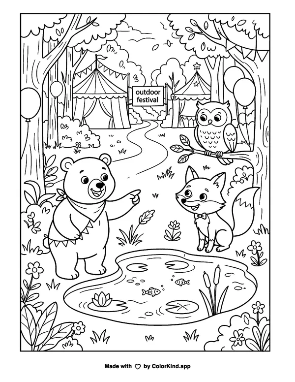 Bear and Fox by the Pond as clean black-and-white printable line art made by ColorKind