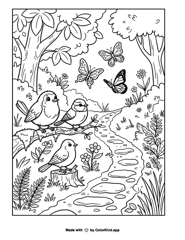 Birds and Butterflies in the Forest as clean black-and-white printable line art made by ColorKind