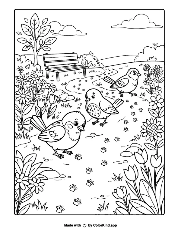 Three Birds on a Garden Path as clean black-and-white printable line art made by ColorKind
