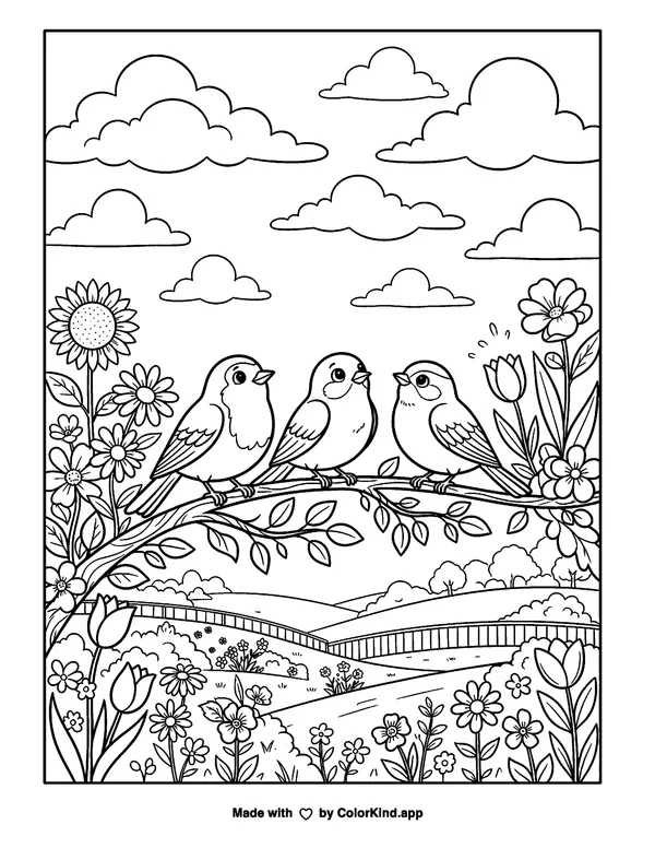 Three Birds on a Branch as clean black-and-white printable line art made by ColorKind