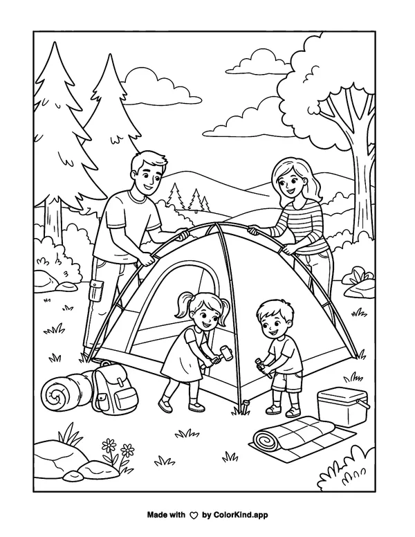 A family setting up a campsite, scene 13 as clean black-and-white printable line art made by ColorKind