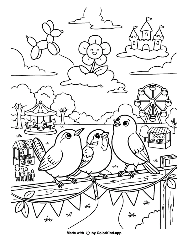 Birds at the Carnival as clean black-and-white printable line art made by ColorKind