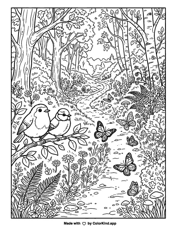 Two Birds on a Forest Branch as clean black-and-white printable line art made by ColorKind