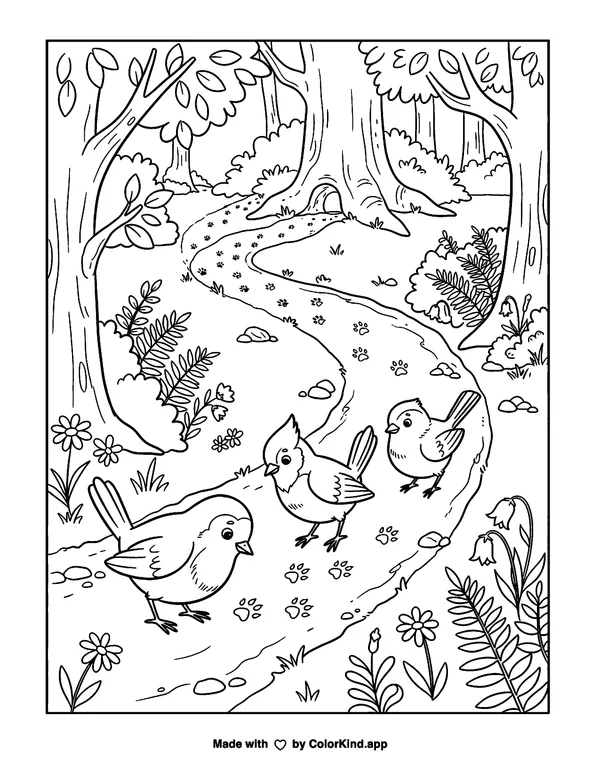 Three Birds on a Forest Path as clean black-and-white printable line art made by ColorKind
