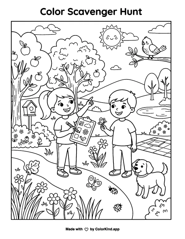 Color Scavenger Hunt as clean black-and-white printable line art made by ColorKind