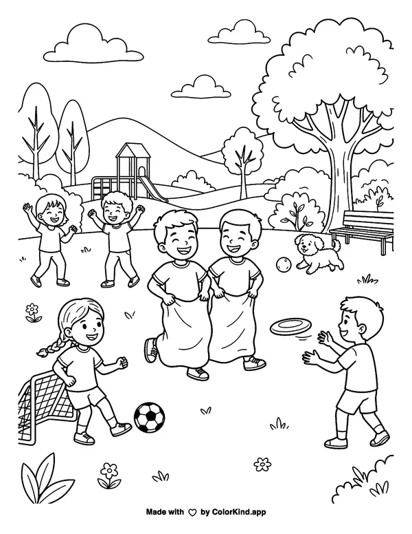 A neighborhood group enjoying outdoor games, scene 11 as clean black-and-white printable line art made by ColorKind