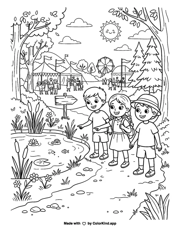 Children at the Fairground Pond as clean black-and-white printable line art made by ColorKind