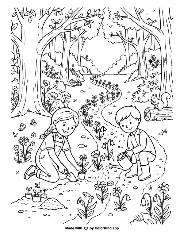 Children Gardening in a Forest as clean black-and-white printable line art made by ColorKind