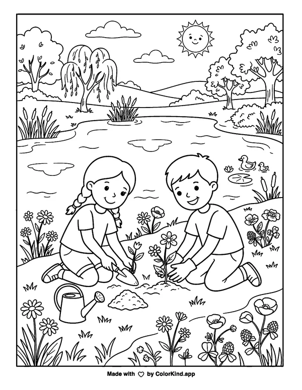 A neighborhood group enjoying outdoor games, scene 2 as clean black-and-white printable line art made by ColorKind