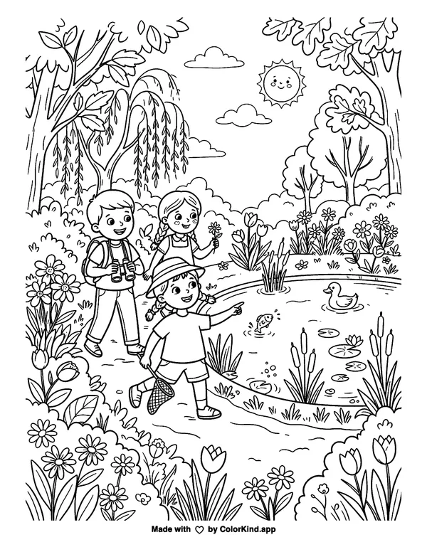 A neighborhood group enjoying outdoor games, scene 3 as clean black-and-white printable line art made by ColorKind