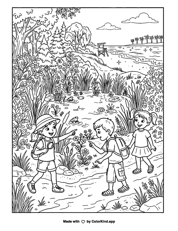 Children exploring a pond, scene 2 as clean black-and-white printable line art made by ColorKind