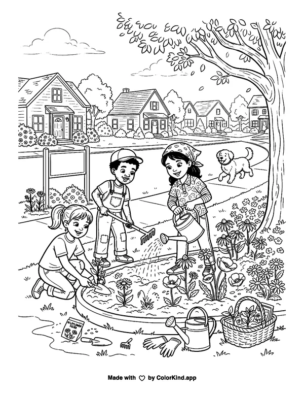 Children Gardening in a Neighborhood as clean black-and-white printable line art made by ColorKind