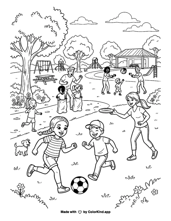 A neighborhood group enjoying outdoor games, scene 7 as clean black-and-white printable line art made by ColorKind