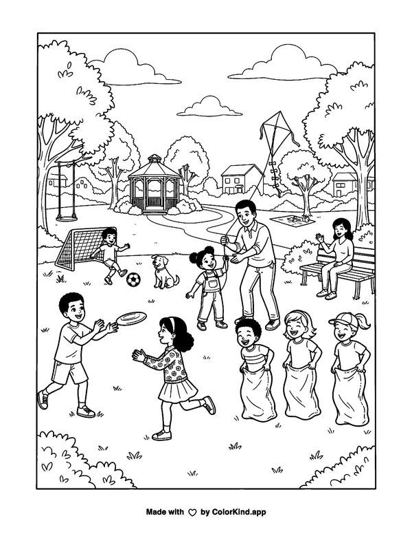 A neighborhood group enjoying outdoor games, scene 8 as clean black-and-white printable line art made by ColorKind