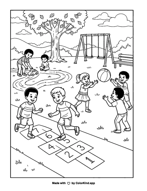 A neighborhood group enjoying outdoor games, scene 9 as clean black-and-white printable line art made by ColorKind
