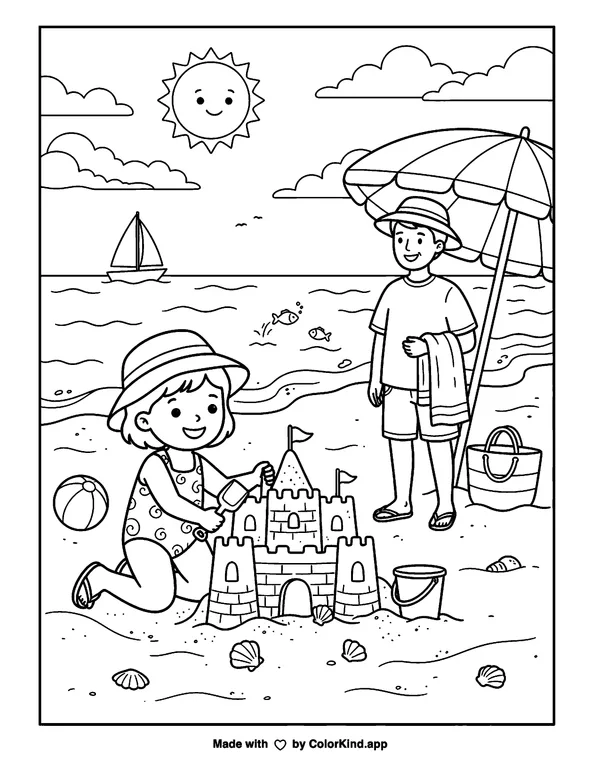 At the Beach as clean black-and-white printable line art made by ColorKind