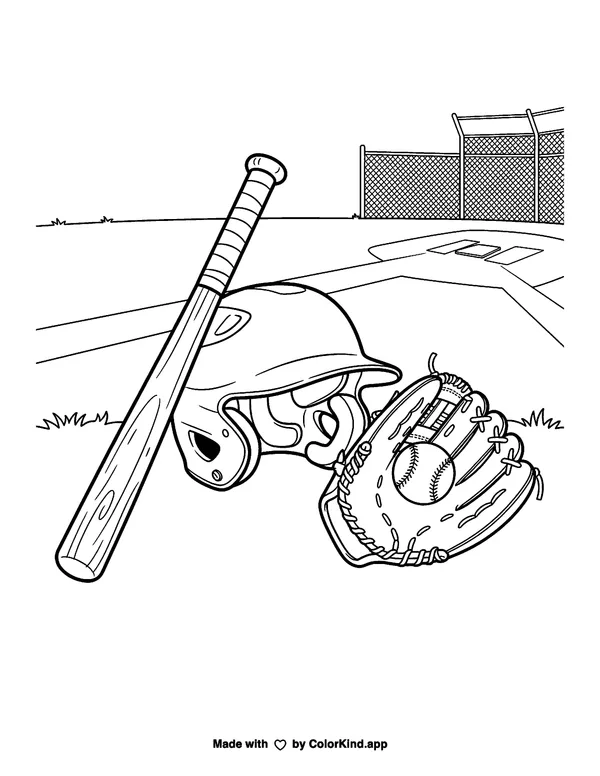 Baseball Equipment as clean black-and-white printable line art made by ColorKind