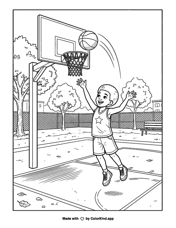 Basketball - Making the Hoop as clean black-and-white printable line art made by ColorKind