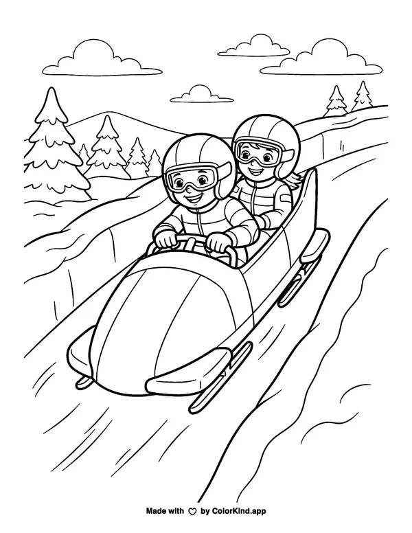 Bobsledding as clean black-and-white printable line art made by ColorKind