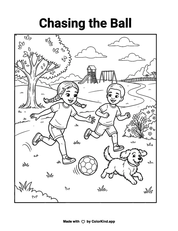 Chasing the Ball as clean black-and-white printable line art made by ColorKind