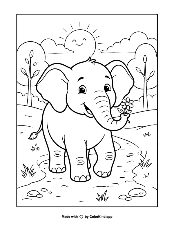 Baby Elephant With a Flower as clean black-and-white printable line art made by ColorKind