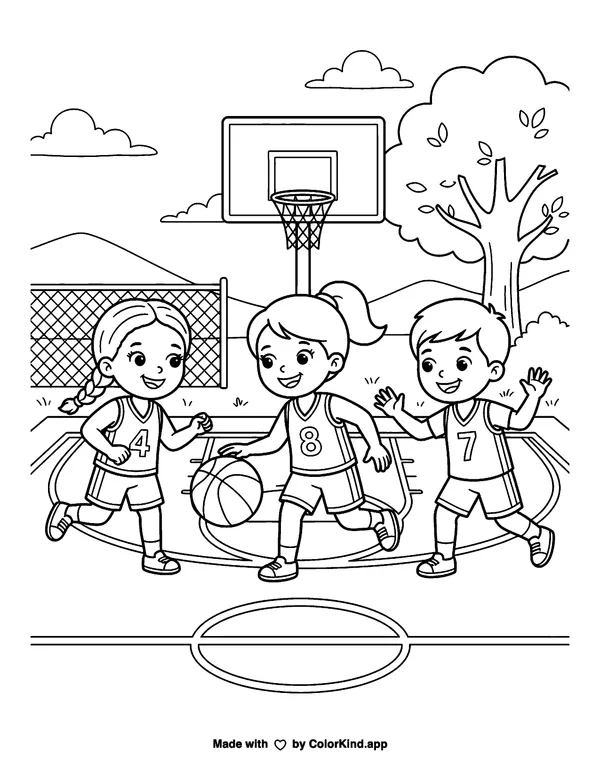 Children enjoying a friendly basketball game, scene 11 as clean black-and-white printable line art made by ColorKind
