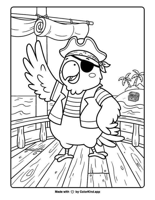 Parrot Dressed as a Pirate on a Ship as clean black-and-white printable line art made by ColorKind