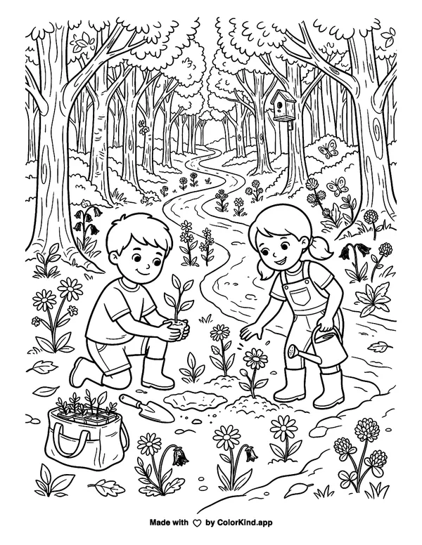 Children Gardening in the Forest as clean black-and-white printable line art made by ColorKind