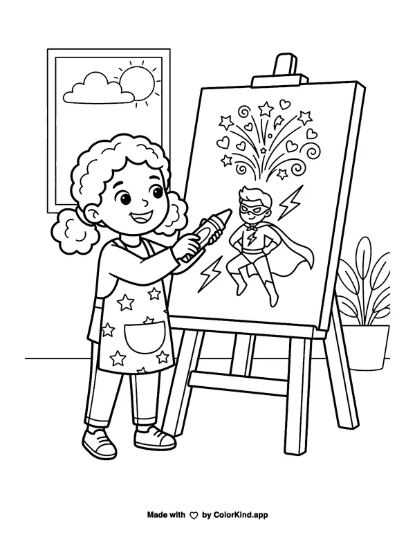 Child Drawing a Superhero as clean black-and-white printable line art made by ColorKind