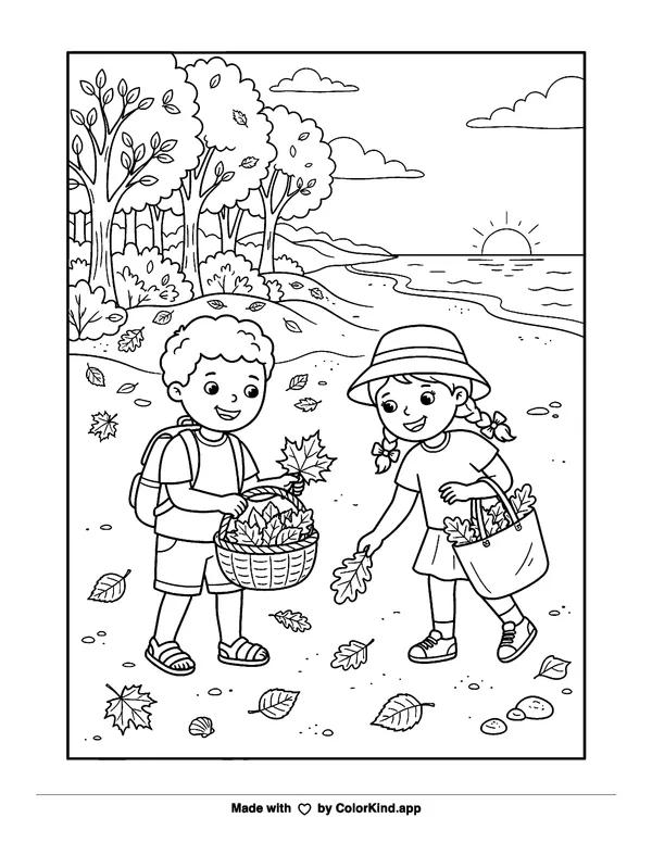 Children collecting fallen leaves by the lake as clean black-and-white printable line art made by ColorKind