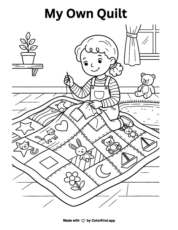 Child Sewing a Quilt as clean black-and-white printable line art made by ColorKind