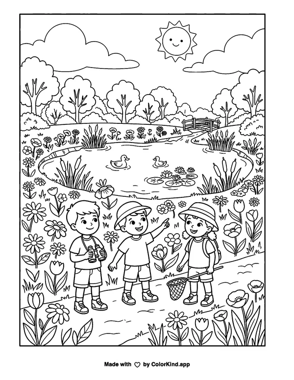 Children enjoying a friendly basketball game as clean black-and-white printable line art made by ColorKind