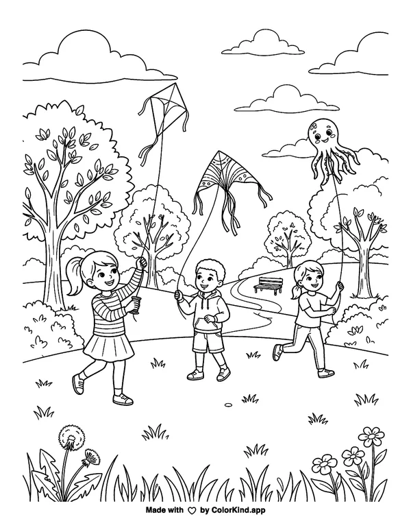 Children flying kites in a park, scene 10 as clean black-and-white printable line art made by ColorKind
