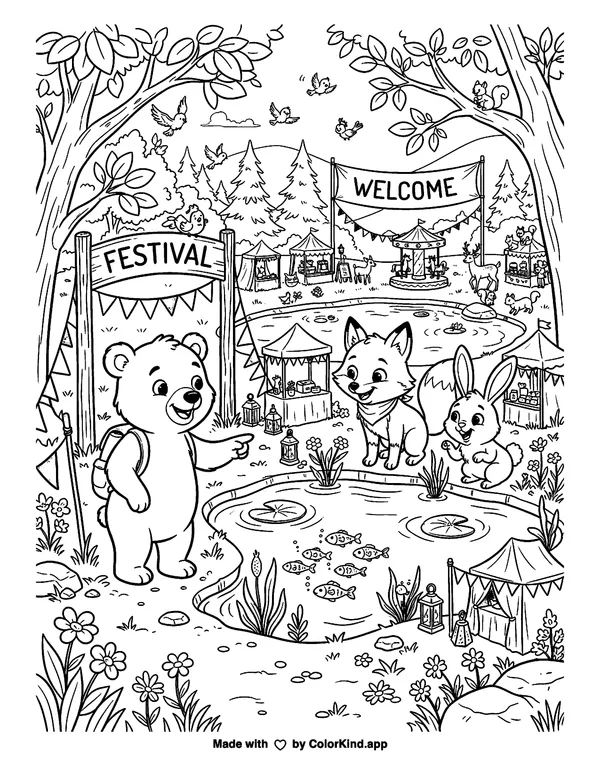 Animals at a Forest Festival as clean black-and-white printable line art made by ColorKind