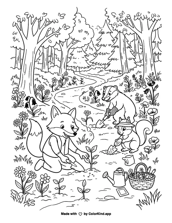 Animals Gardening in the Forest, scene 2 as clean black-and-white printable line art made by ColorKind